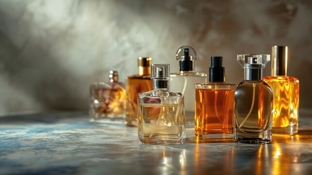 A collection of elegant perfume bottles on a reflective surface