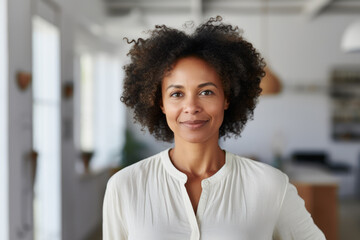 Afro-American middle aged business woman, freelance professional, entrepreneur, interior designer portrait. Black woman standing inside home office, new house, inside modern white room - Powered by Adobe