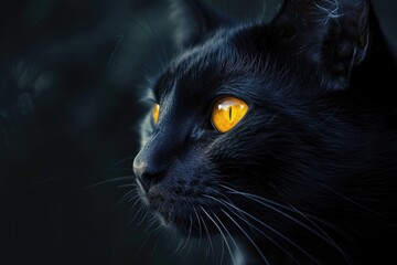 A close-up of a black cat with glowing yellow eyes against a dark background