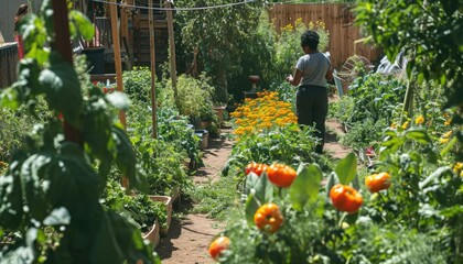 Community garden with individuals from different walks of life tend to their plots. Native plants, green spaces and local sustainability efforts.