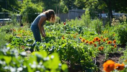 Community garden with individuals from different walks of life tend to their plots. Native plants, green spaces and local sustainability efforts.