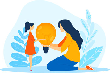 Adult woman giving a large lightbulb to a girl. Creative idea exchange and learning concept. Mother and daughter sharing ideas vector illustration.