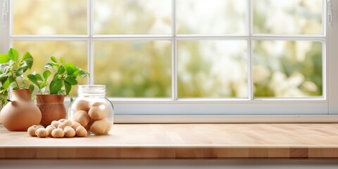 Wooden table against a blurred kitchen window - ideal for showcasing or creating product (food) montages.
