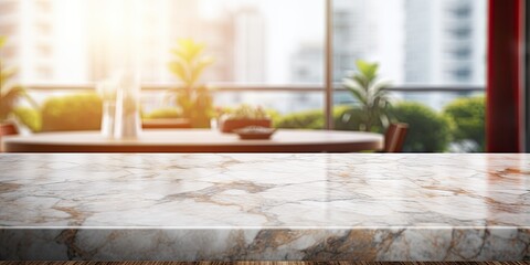Marble table with abstract hotel background