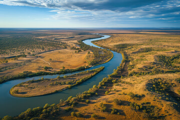 Looking down at magnificent meandering Murray River. Riverland, South Australia, aerial view