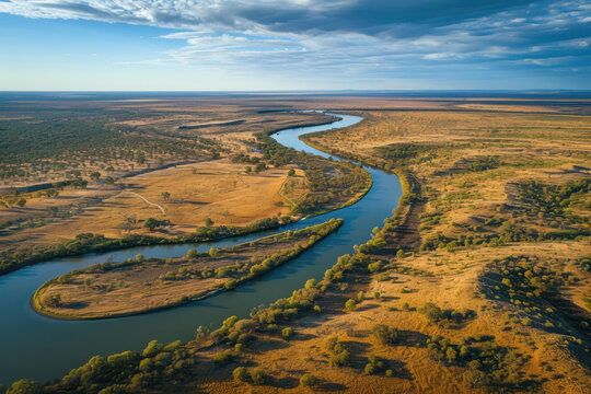 Looking down at magnificent meandering Murray River. Riverland, South Australia, aerial view