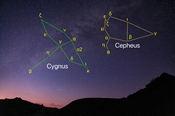 Cygnus constellation with Cepheus  constellation in the northern sky.  December, winter night sky...