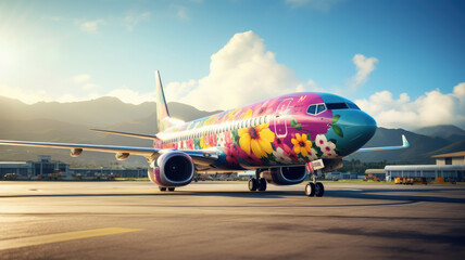 an airplane decorated with flowers flies across the sky, summer travel, flight to Hawaii, air transport, tourism, nature, beauty, vacation, tropics, height, speed, garland