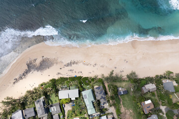 Aerial view of the north shore of Oahu, Hawaii, overlooking Ehukai Beach known for its large winter waves