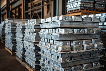 Aluminum ingot bar stack in warehouse for supplying to factory. Distribution warehouse and industrial raw material logistics