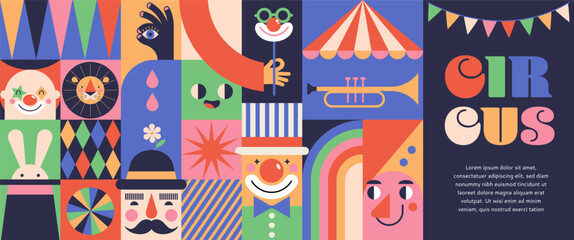 Circus, Carnival, Street Festival, Purim Carnival concept illustrations, Circus background. Geometric retro style design. Vector illustrations, posters, banner