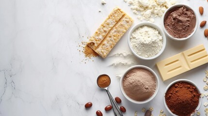 Sports nutrition products like protein bars and powders on a white background, focus on fitness and health supplements