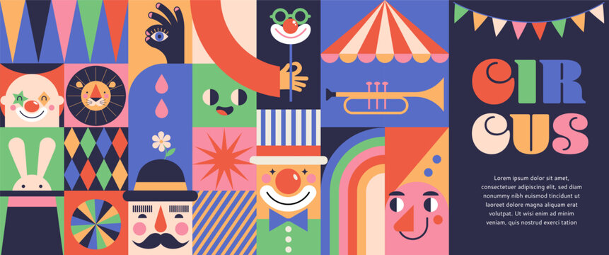 Circus, Carnival, Street Festival, Purim Carnival concept illustrations, Circus background. Geometric retro style design. Vector illustrations, posters, banner