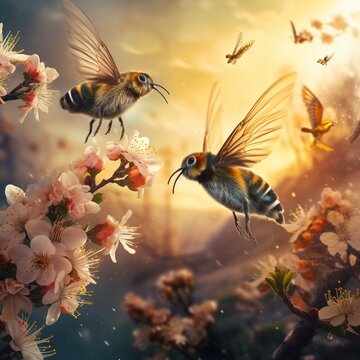Bees and birds flying image Generative AI