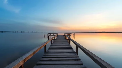 Foto op Canvas Dock overlooking a calm overcast lake background. Dock overlooking a calm overcast lake landscapes. Hdr landscape view. Old dock with sunset, candles, lamb, lake, sun and forest. high quality photos. © Hazal