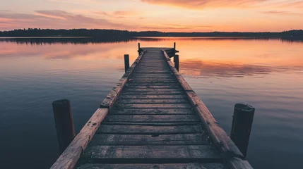 Foto op Aluminium Dock overlooking a calm overcast lake background. Dock overlooking a calm overcast lake landscapes. Hdr landscape view. Old dock with sunset, candles, lamb, lake, sun and forest. high quality photos. © Hazal