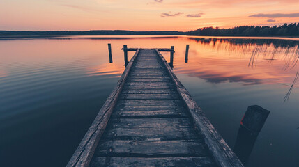 Fototapeta premium Dock overlooking a calm overcast lake background. Dock overlooking a calm overcast lake landscapes. Hdr landscape view. Old dock with sunset, candles, lamb, lake, sun and forest. high quality photos.