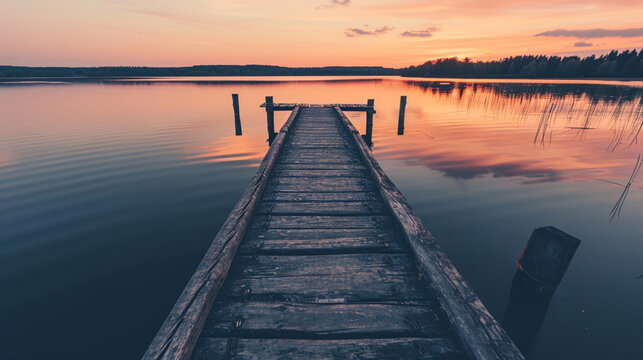 Dock overlooking a calm overcast lake background. Dock overlooking a calm overcast lake landscapes. Hdr landscape view. Old dock with sunset, candles, lamb, lake, sun and forest. high quality photos.