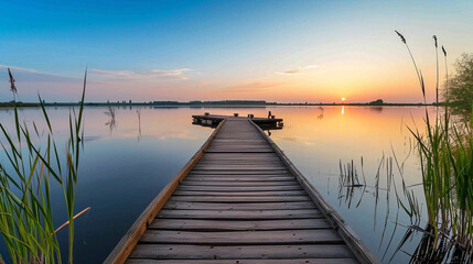 Obraz premium Dock overlooking a calm overcast lake background. Dock overlooking a calm overcast lake landscapes. Hdr landscape view. Old dock with sunset, candles, lamb, lake, sun and forest. high quality photos.