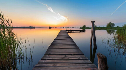 Dock overlooking a calm overcast lake background. Dock overlooking a calm overcast lake landscapes. Hdr landscape view. Old dock with sunset, candles, lamb, lake, sun and forest. high quality photos. - obrazy, fototapety, plakaty