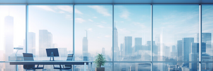 Abstract blue blurred background of modern office interior. Mock up, toned