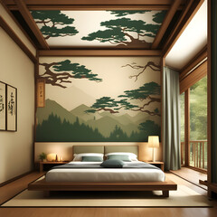 Modern, luxury japan style bedroom with wooden bed, blanket and pillow, wooden floor with big rug, round lamp, big window, wall art cherry blossom tree, for interior design background