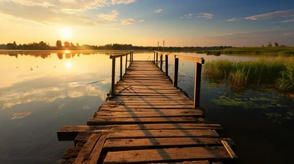  Dock overlooking a calm overcast lake background. Dock overlooking a calm overcast lake landscapes. Hdr landscape view. Old dock with sunset, candles, lamb, lake, sun and forest. high quality photos. © Hazal