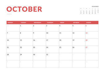 Monthly page Calendar Planner Templates of October 2024. Vector layout of simple calendar with week start Monday for print. Page for size A4 or 21x29.7 cm