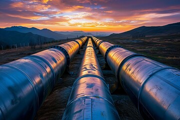 Large oil pipeline and gas pipeline in the process of oil refining and the movement of oil and gas - obrazy, fototapety, plakaty
