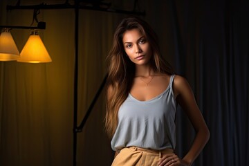 Elegant Young Woman Posing Under Warm Ambient Light