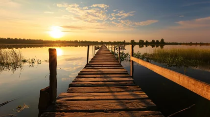 Kissenbezug Dock overlooking a calm overcast lake background. Dock overlooking a calm overcast lake landscapes. Hdr landscape view. Old dock with sunset, candles, lamb, lake, sun and forest. high quality photos. © Hazal