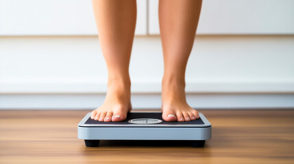 bare feet positioned on a scale - diet and weight loss concept - obrazy, fototapety, plakaty