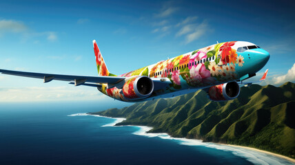 an airplane decorated with flowers flies across the sky, summer travel, flight to Hawaii, air transport, tourism, nature, beauty, vacation, tropics, height, speed, garland
