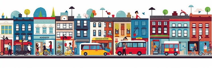Illustration of a picturesque cityscape with colorful buildings, cars and pedestrians on the streets
