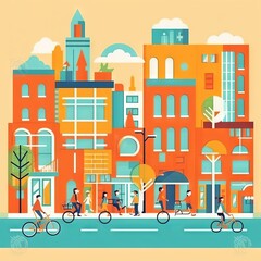 Naklejka premium Illustration of a picturesque cityscape with colorful buildings, cars and pedestrians on the streets 