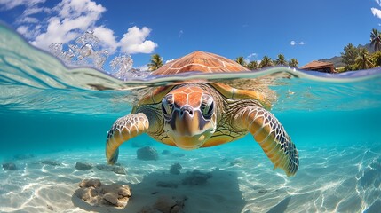 Beautiful sea turtle swimming gracefully in the crystal clear ocean waters
