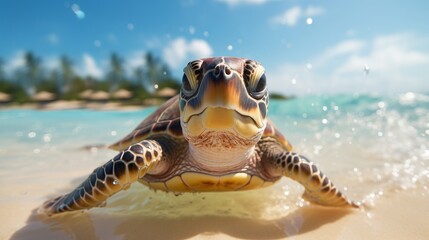 Majestic sea turtle peacefully gliding through the vibrant coral reef in the azure blue ocean waters - obrazy, fototapety, plakaty