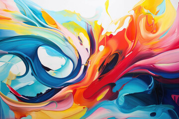 A bright and colorful abstract painting, depicting a vibrant and dynamic scene of swirling shapes and colors