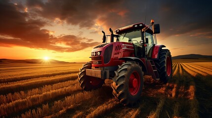 Red tractor plowing vast field, preparing fertile soil for fruitful spring planting season.