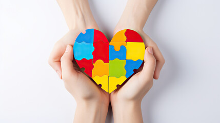Hands holding jigsaw puzzle heart shape, Autism awareness,Autism spectrum disorder family support concept, World Autism Awareness Day