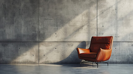 luxury leather designer chair in an empty room with raw, concrete walls and copy space	
