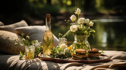 Summer veranda with a set table, with a glass jug and glasses with a refreshing drink, cookies, surrounded by yellow flowers and soft pillows on the sofa in the warm sunlight. Concept: eat in nature
