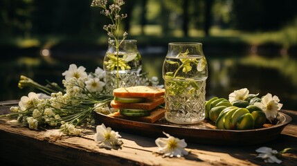 Fototapeta premium Picnic table set with different food and drinks with ham, fresh vegetables and bread outdoors. Concept: takeaway food, outdoor catering 