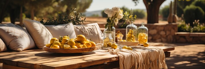 Summer veranda with a set table, with a glass jug and glasses with a refreshing drink, cookies, surrounded by yellow flowers and soft pillows on the sofa in the warm sunlight. Concept: eat in nature

