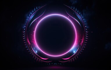 A neon moon on a dark background with blue lights, in the style of dark pink, sculptural and...