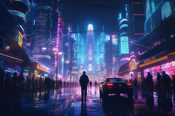 A busy city street with cars and people walking around, illuminated by the bright neon lights of the city at night