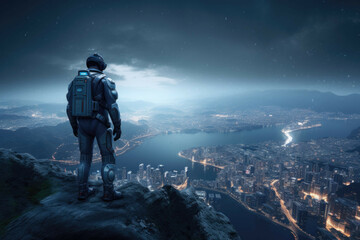 A person in a futuristic, high-tech space suit standing on the edge of a cliff overlooking a distant cityscape