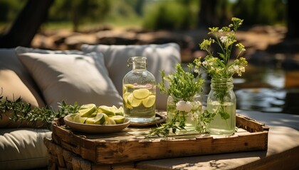 Summer veranda with a set table, with a glass jug and glasses with a refreshing drink, cookies, surrounded by yellow flowers and soft pillows on the sofa in the warm sunlight. Concept: eat in nature
 - obrazy, fototapety, plakaty