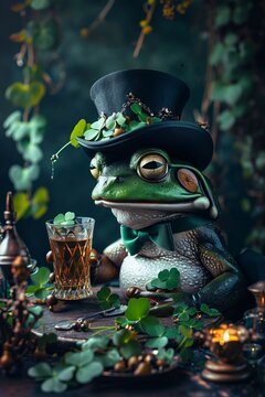 St. Patrick's Day Frog With Shamrocks and Whiskey