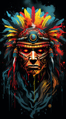 Warrior head hand drawn art made by illustration on black background for t shirt printing design with splash smoke rainbow Generate AI